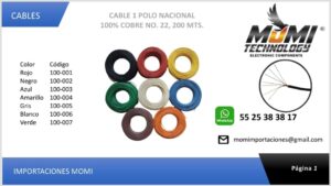 Cable 1 polo nacional, 100% cobre, No. 22, 200 mts. 